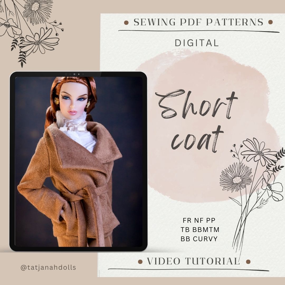 PDF Digital Pattern short coat for BB & Integrity toys 1:6 dolls. VIDEO tutorial instructions.