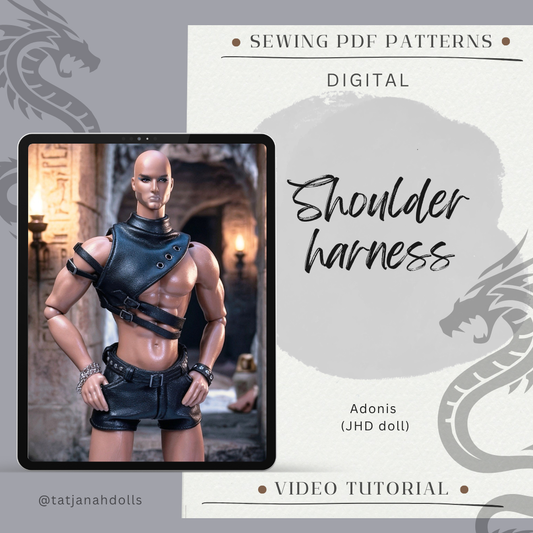 PDF Digital Pattern Leder Gotik - Punk -  Shoulder Harness, Portupe für Adonis Mizi JHD Male Doll  + Video Tutorial