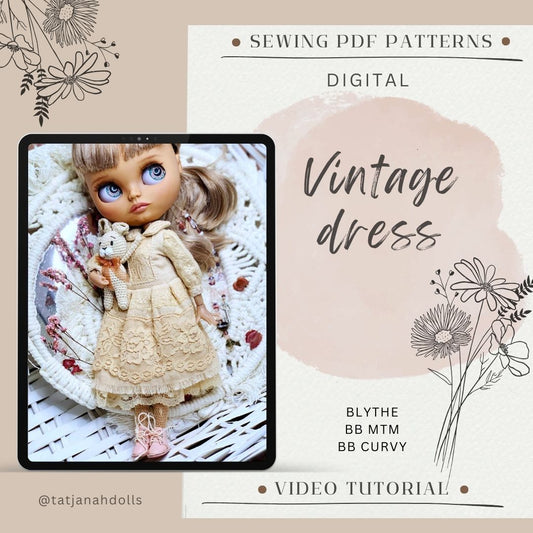 PDF Digital Pattern vintage dress for BB MTM, Curvy and Blythe dolls. + Sewing Tutorial