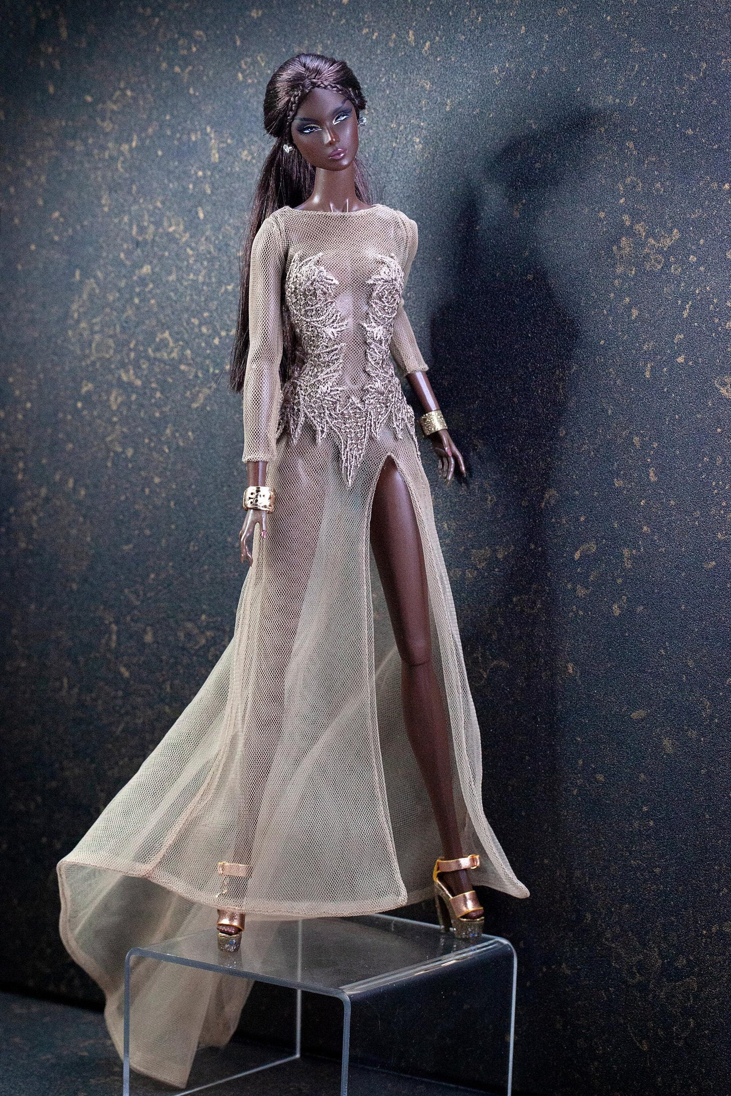 Illusion naked nude dress with embroidery in black or beige for Fashion Royalty/ Nu Face Integrity Toys dolls – scale 1:6