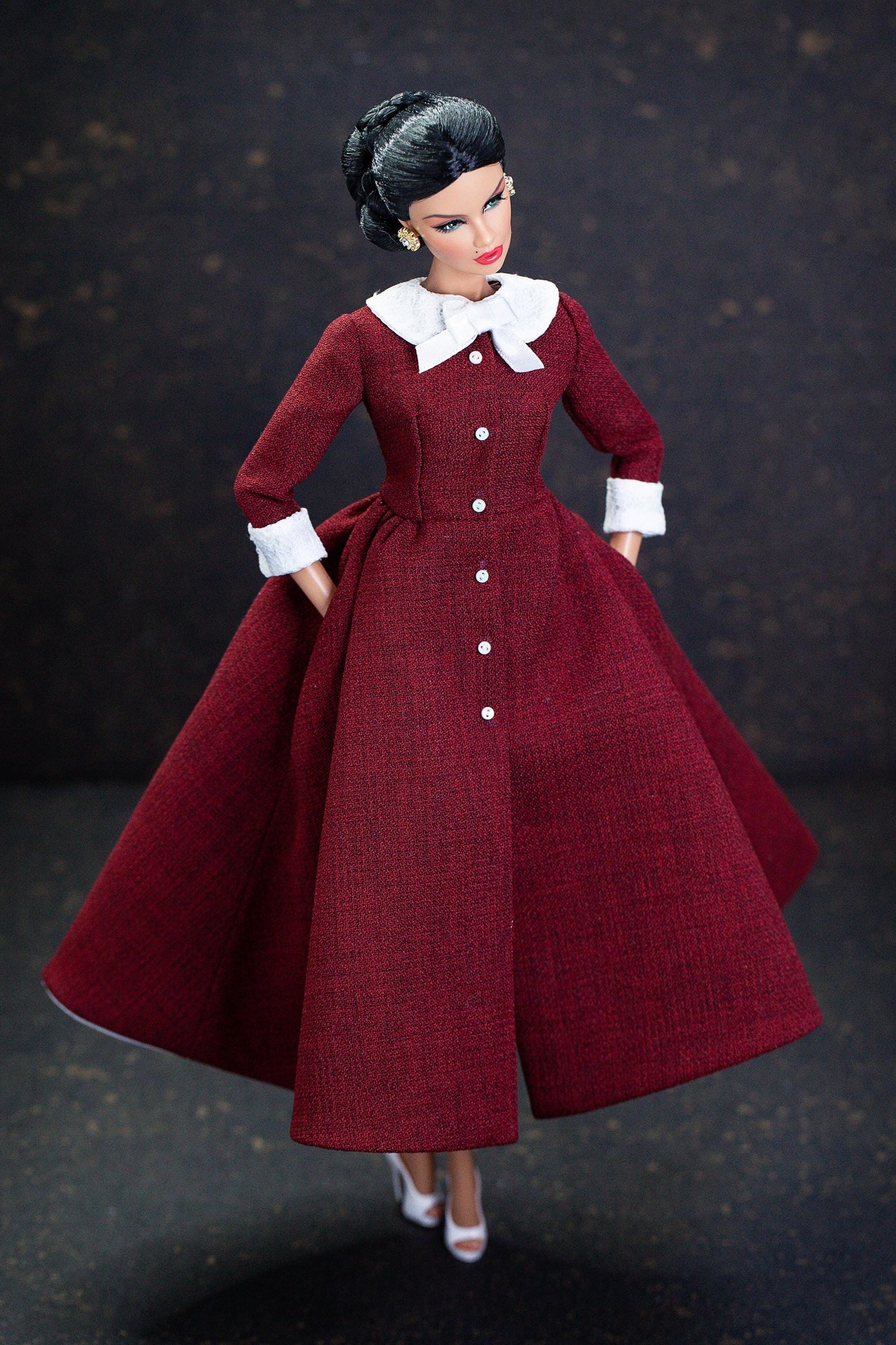 Christmas dress with hat for Integrity Toys Poppy Parker Fashion Royalty Nu Face Tulabelle dolls.
