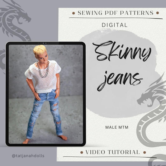 PDF Digital Pattern skinny jeans for 1:6 12" male MTM fashion doll. Video tutorial.