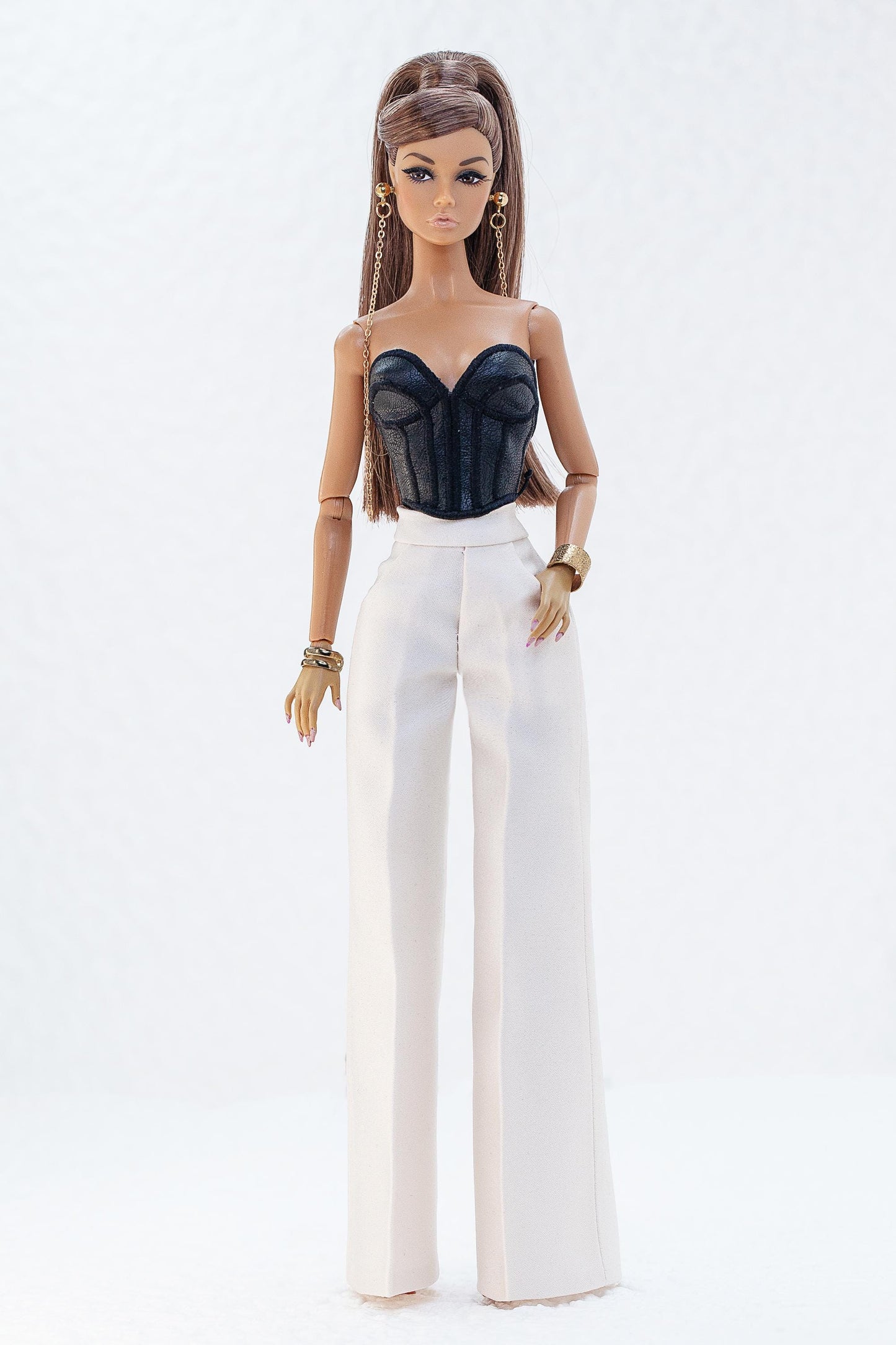 Short leather corset with embroidery and flared trousers for Fashion Royalty, Nu face and Poppy Parker - Integrity Toys dolls