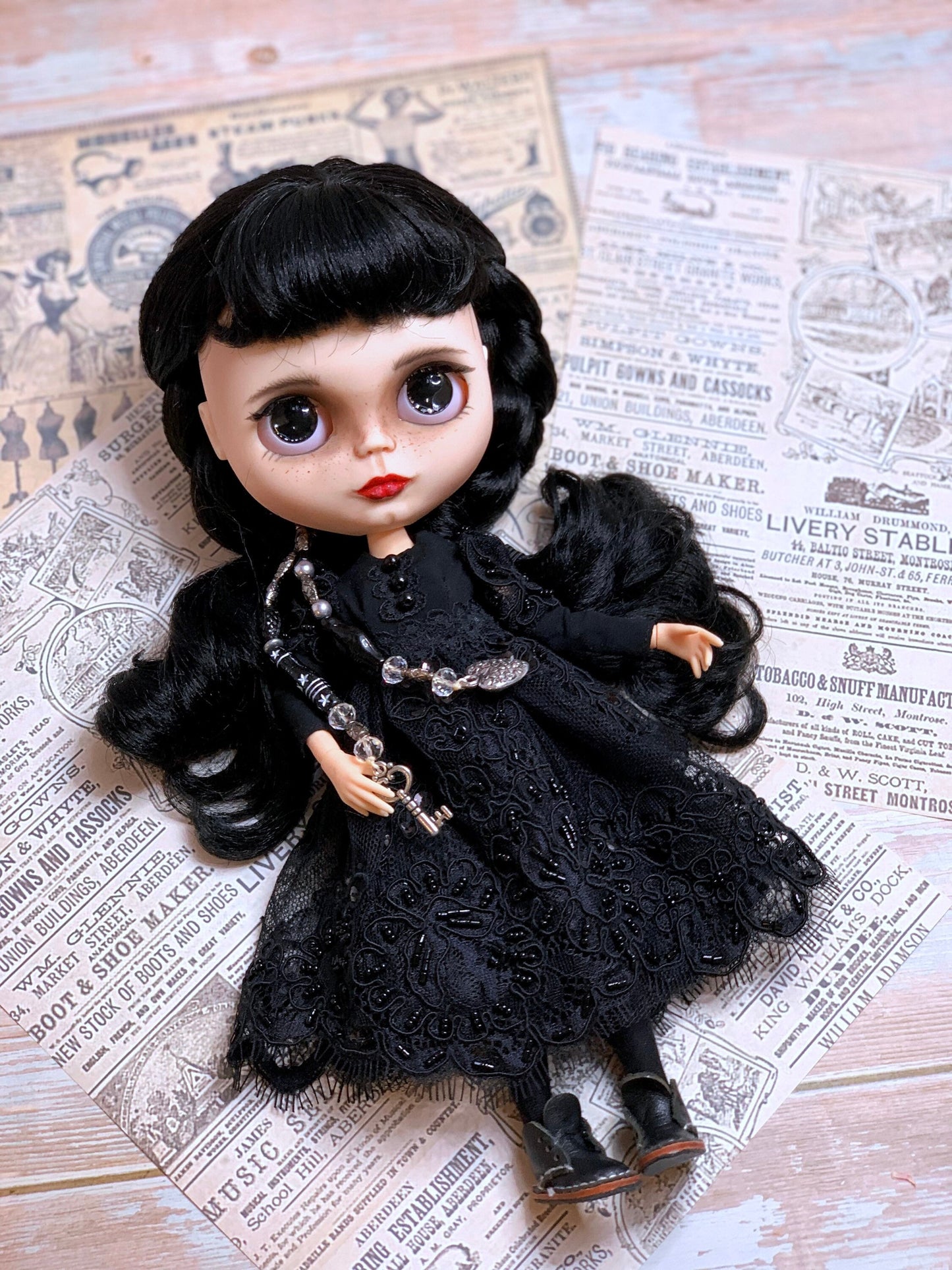 Black ball gown for Blythe Doll. 30 cm doll dress with pearls. Dress for Wednesday doll.