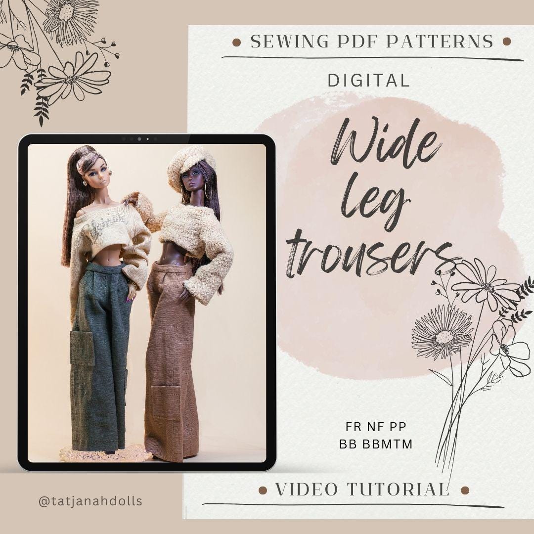 PDF Digital Pattern wide leg trousers for Fashion Royalty Nu Face Integrity toys and BB dolls. VIDEO tutorial.