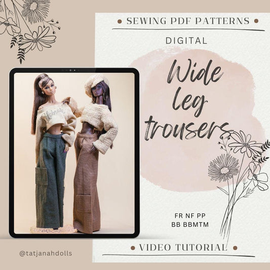 PDF Digital Pattern wide leg trousers for Fashion Royalty Nu Face Integrity toys and BB dolls. VIDEO tutorial.