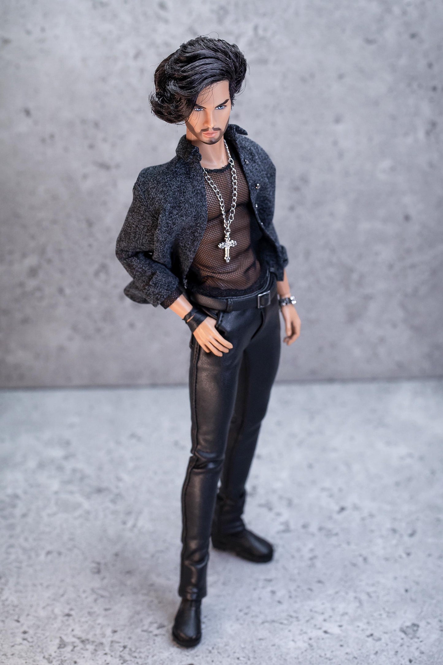 Leather outfit for FR Homme Integrity Toys male doll. Pants, mesh top, and shirt.