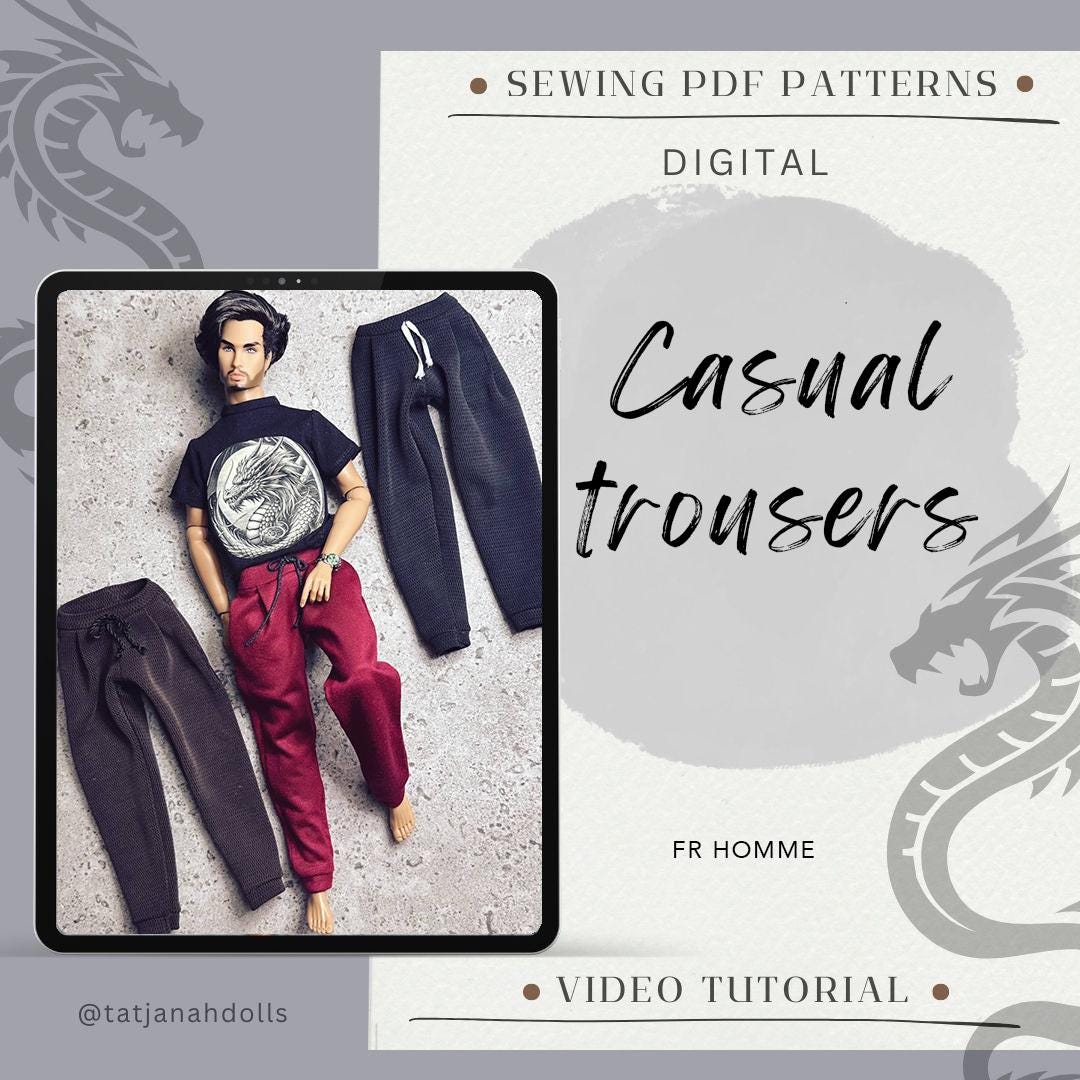 PDF Digital Pattern casual trousers for male FR HOMME dolls Integrity toys. Video tutorial.