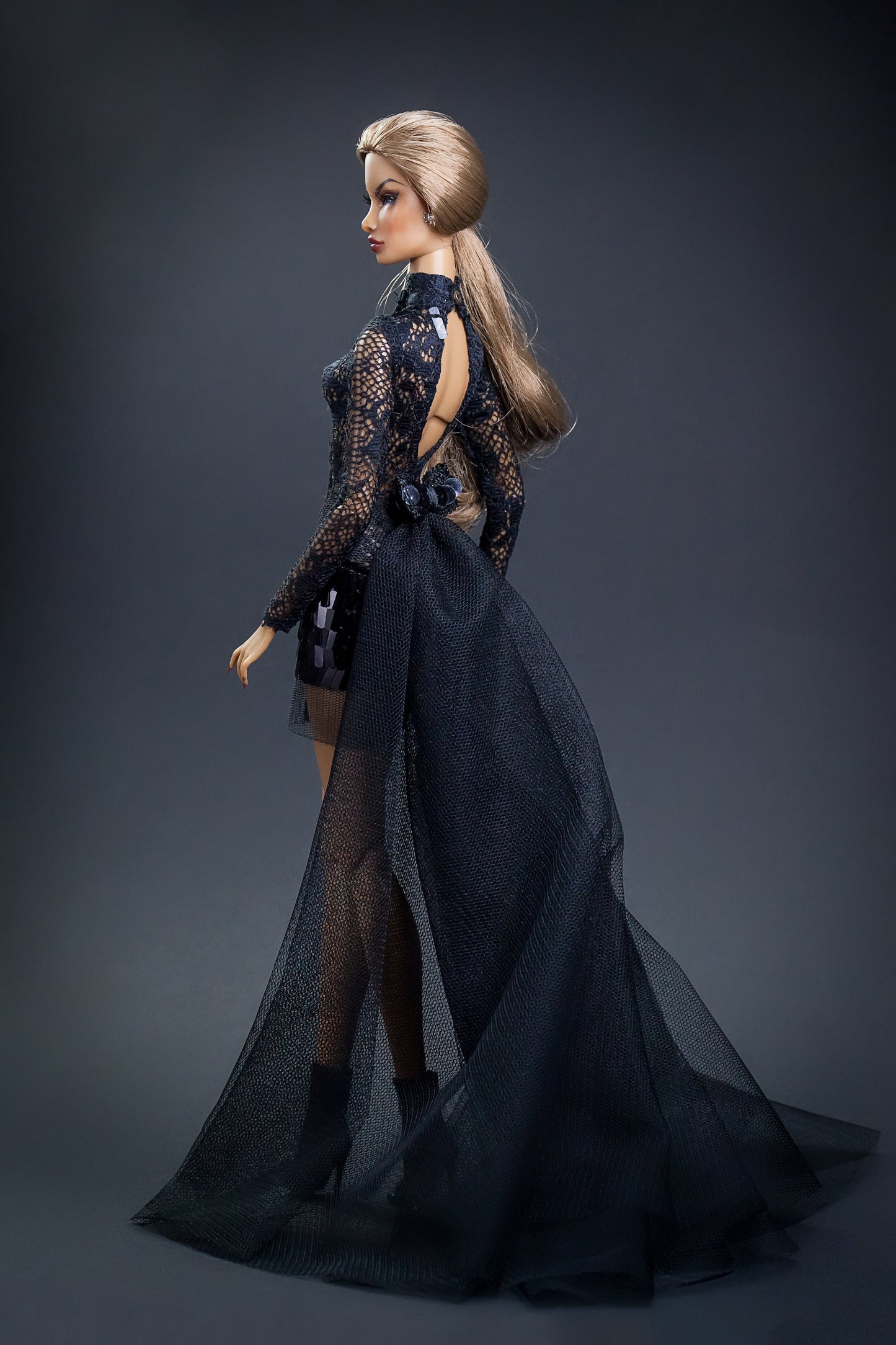 Mini dress with lace train black for Integrity Toys Poppy Parker Nu Face Fashion Royalty dolls