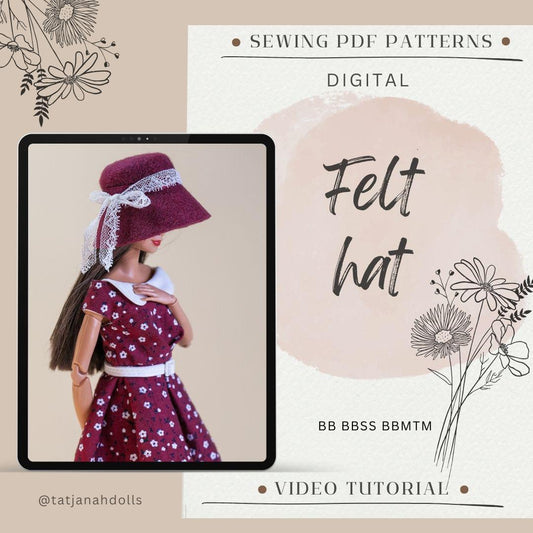 PDF Digital Pattern felt hat for BB, BBMTM 30 cm dolls. Video making tutorial.