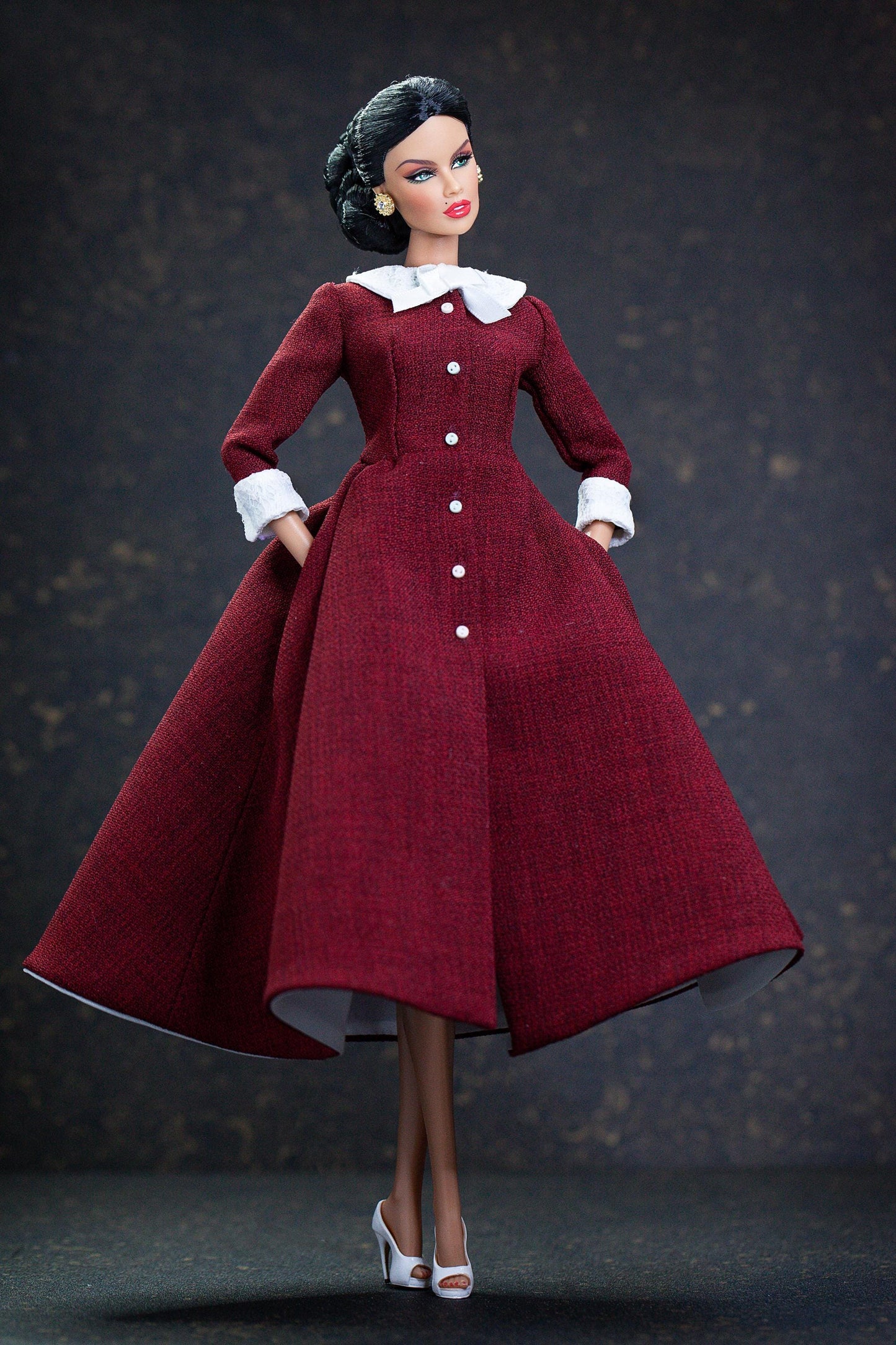 Christmas dress with hat for Integrity Toys Poppy Parker Fashion Royalty Nu Face Tulabelle dolls.