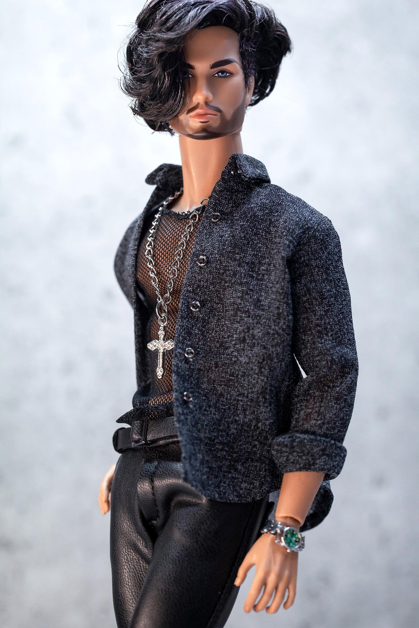 Leather outfit for FR Homme Integrity Toys male doll. Pants, mesh top, and shirt.
