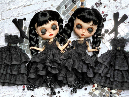 Black Wednesday Ball Gown for Blythe Doll 30 cm Doll Dress. Dress for Wednesday doll with belt