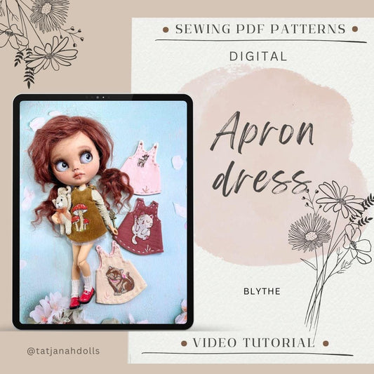 PDF Digital Pattern apron dress for Blythe 1:6 doll. YouTube VIDEO.