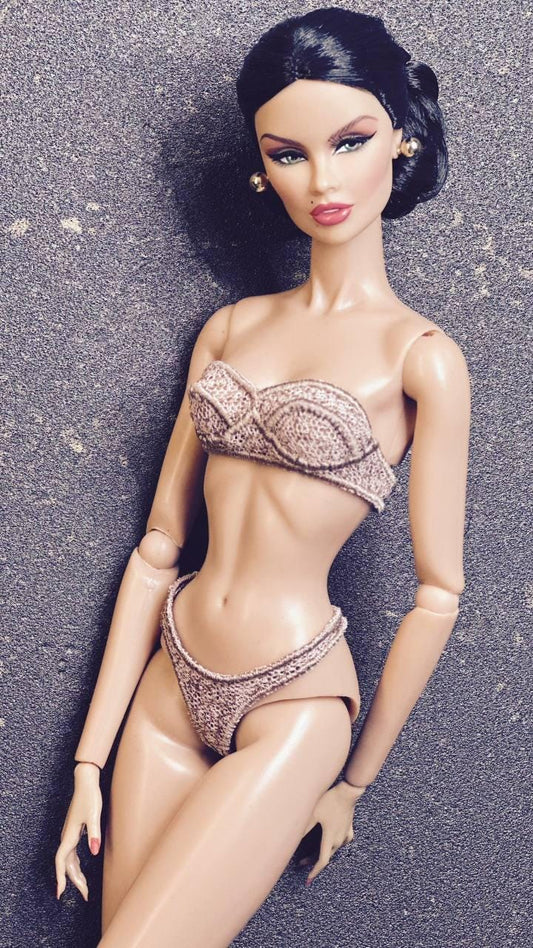 Lingerie sets for Fashion Royalty, Nu Face, and Poppy Parker dolls. Bra with G-string