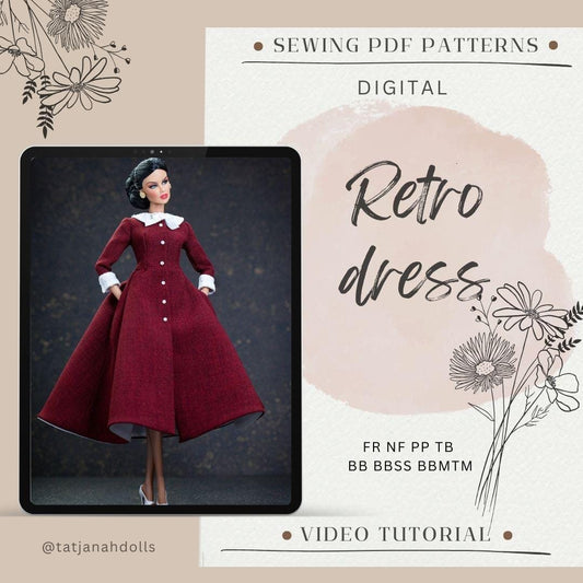 PDF Digital Pattern retro 50s dress for BB &amp; Integrity toys dolls. VIDEO tutorial.