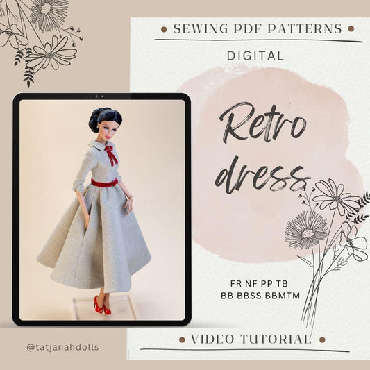 PDF Digital Pattern retro dress for BB &amp; Integrity toys dolls. VIDEO tutorial.