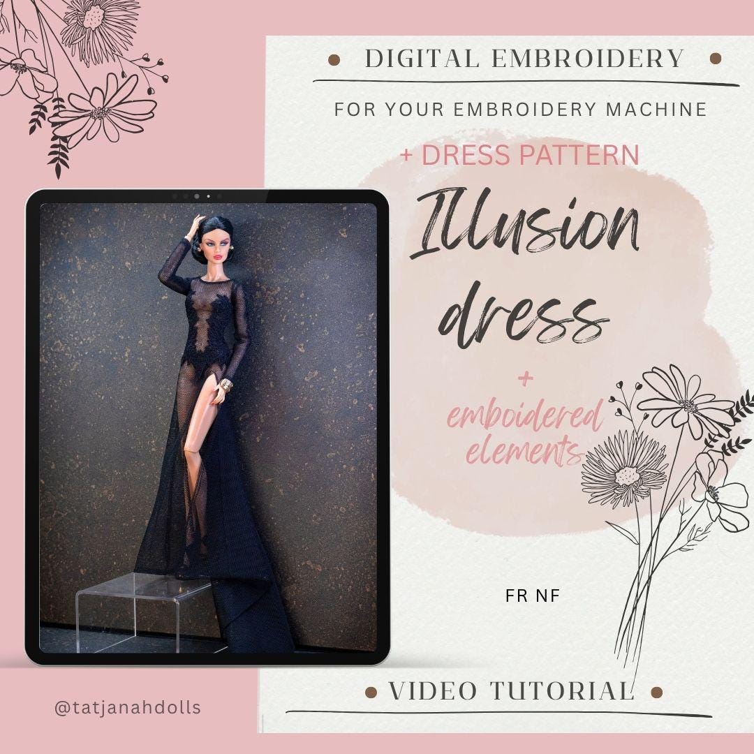 Digital Embroidery &amp; Sewing Pattern – illusion naked dress with embroidered elements for Fashion Royalty, Nu Face Dolls