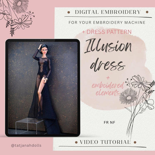 Digital Embroidery &amp; Sewing Pattern – illusion naked dress with embroidered elements for Fashion Royalty, Nu Face Dolls