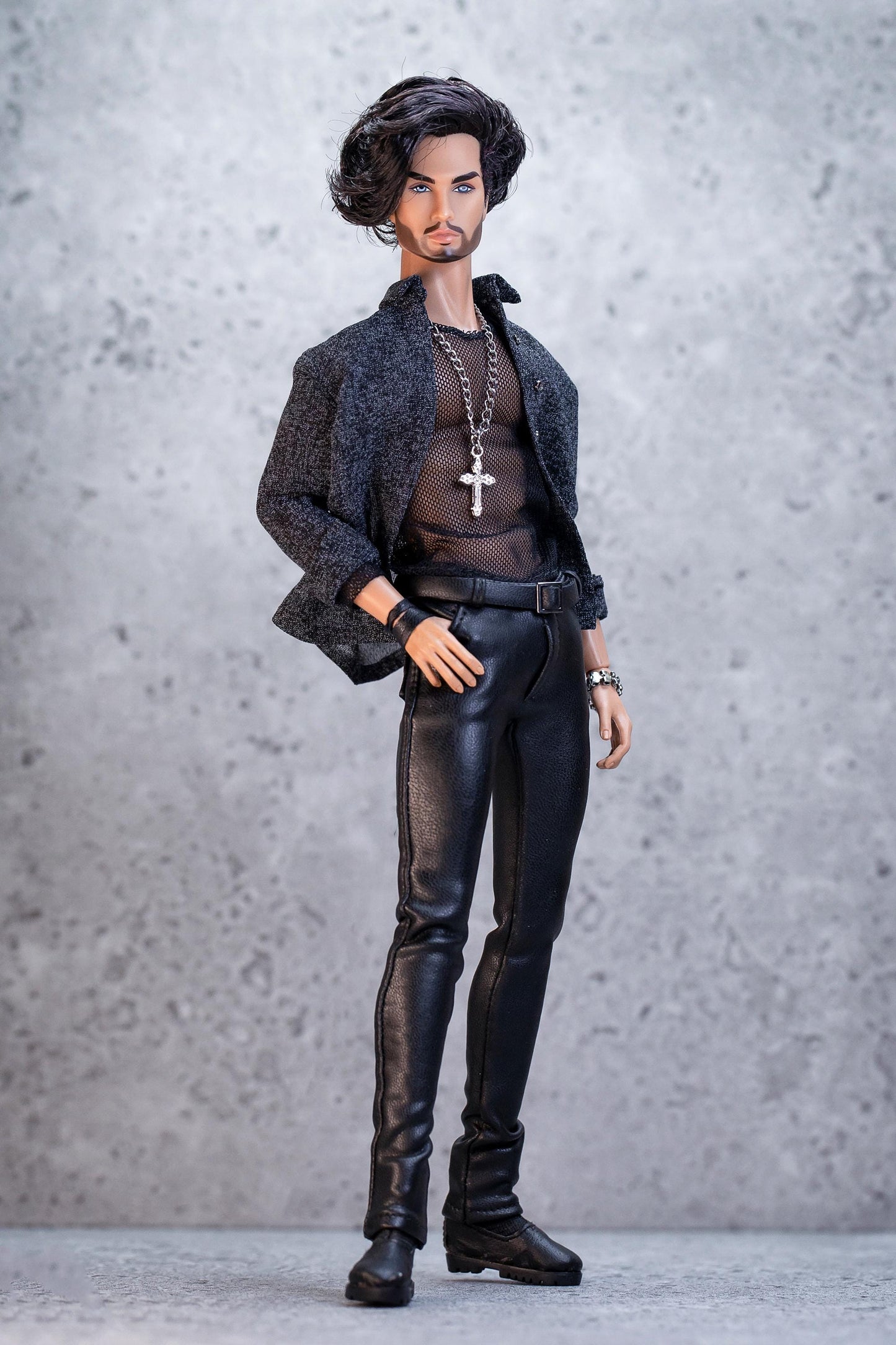 Leather outfit for FR Homme Integrity Toys male doll. Pants, mesh top, and shirt.