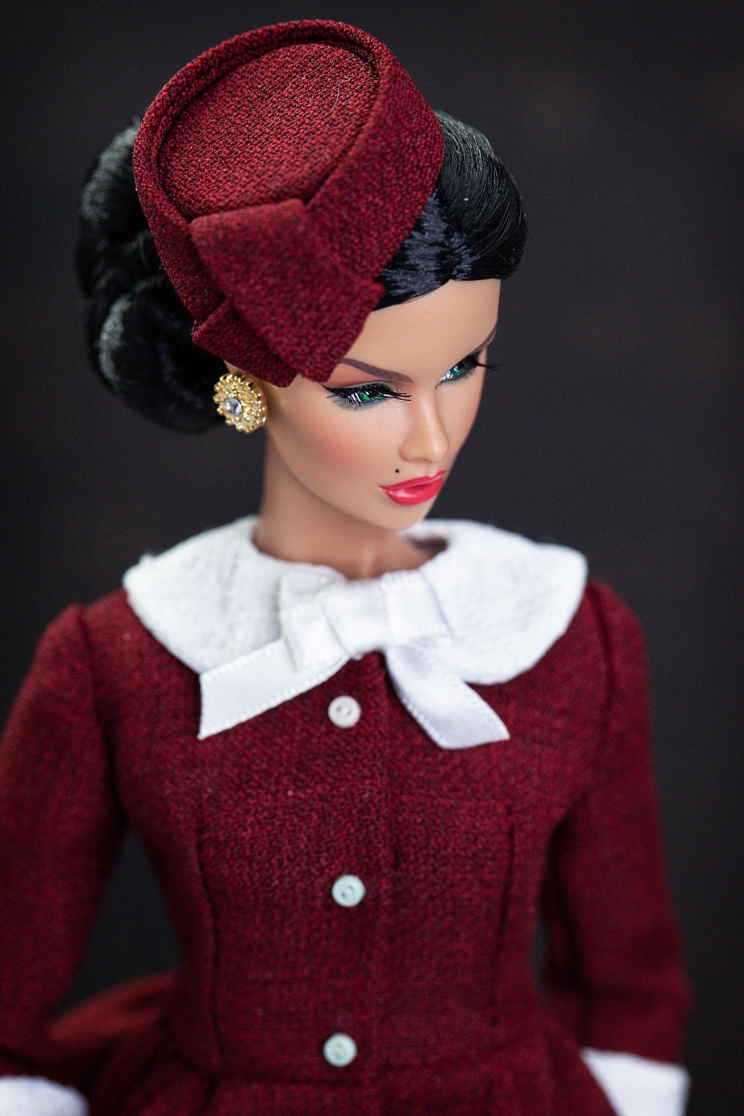 Christmas dress with hat for Integrity Toys Poppy Parker Fashion Royalty Nu Face Tulabelle dolls.