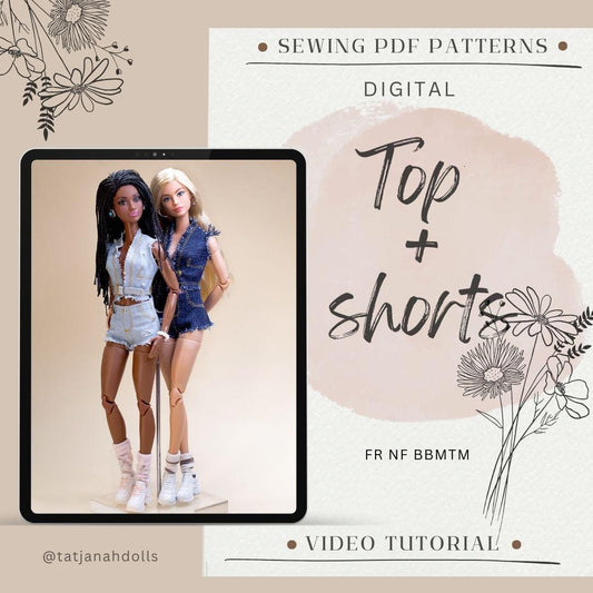 PDF Digital Pattern top &amp; shorts for Fashion Royalty Nu Face and BB dolls Integrity toys. VIDEO tutorial.