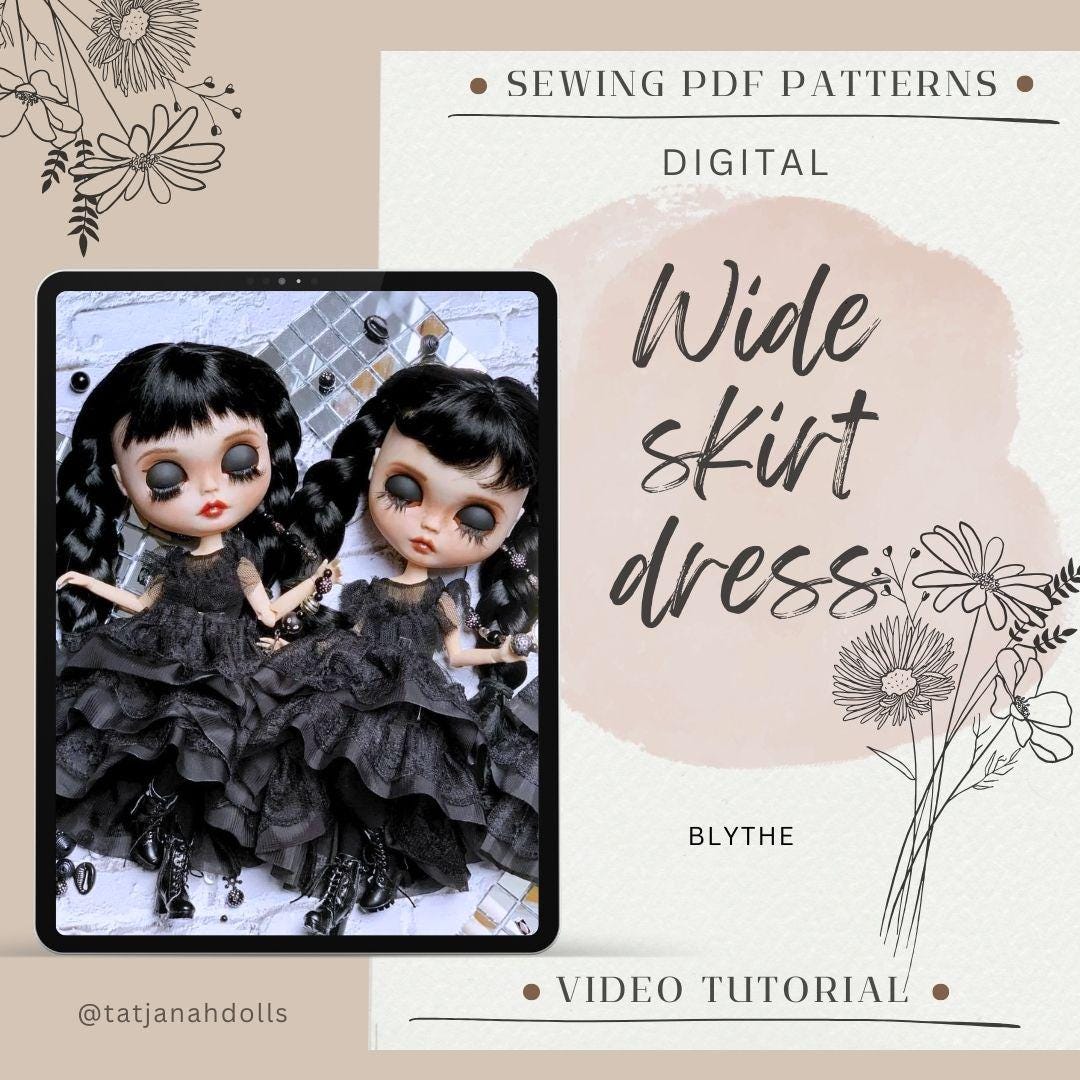 PDF Digital Pattern wide skirt dress for Blythe doll. YouTube VIDEO.