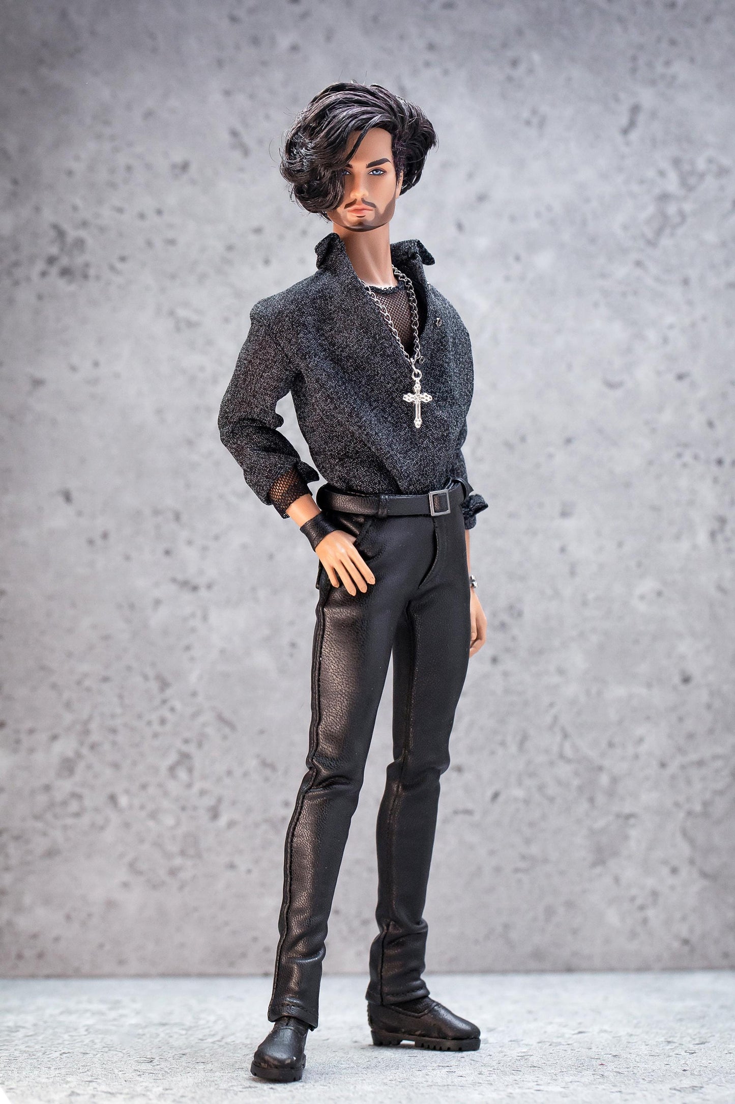 Leather outfit for FR Homme Integrity Toys male doll. Pants, mesh top, and shirt.
