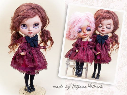 Dark red ball gown for Blythe Doll. 30 cm doll dress with pearls. Dress with a wide, lush skirt.