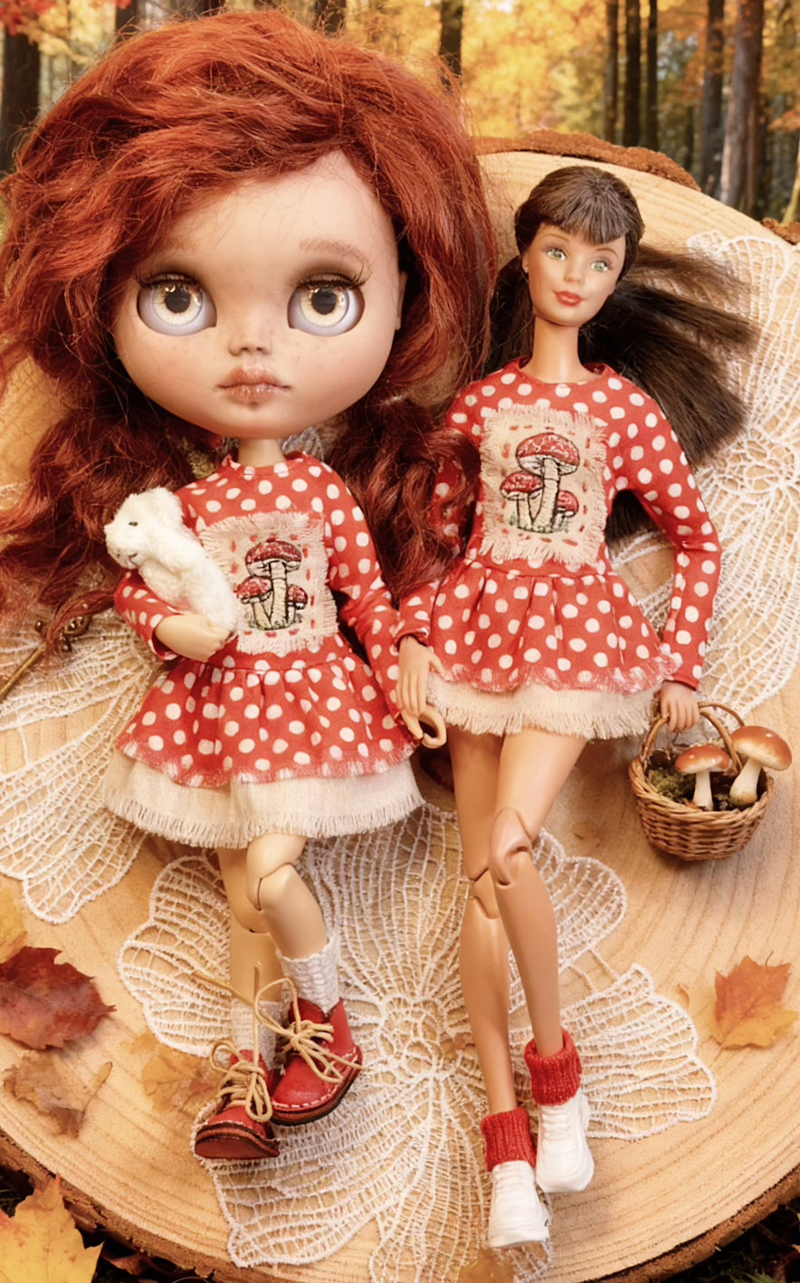PDF Digital Pattern autumn dress for BB and Blythe 30 cm 12" dolls + VIDEO Tutorial + Mushrooms Embroidery
