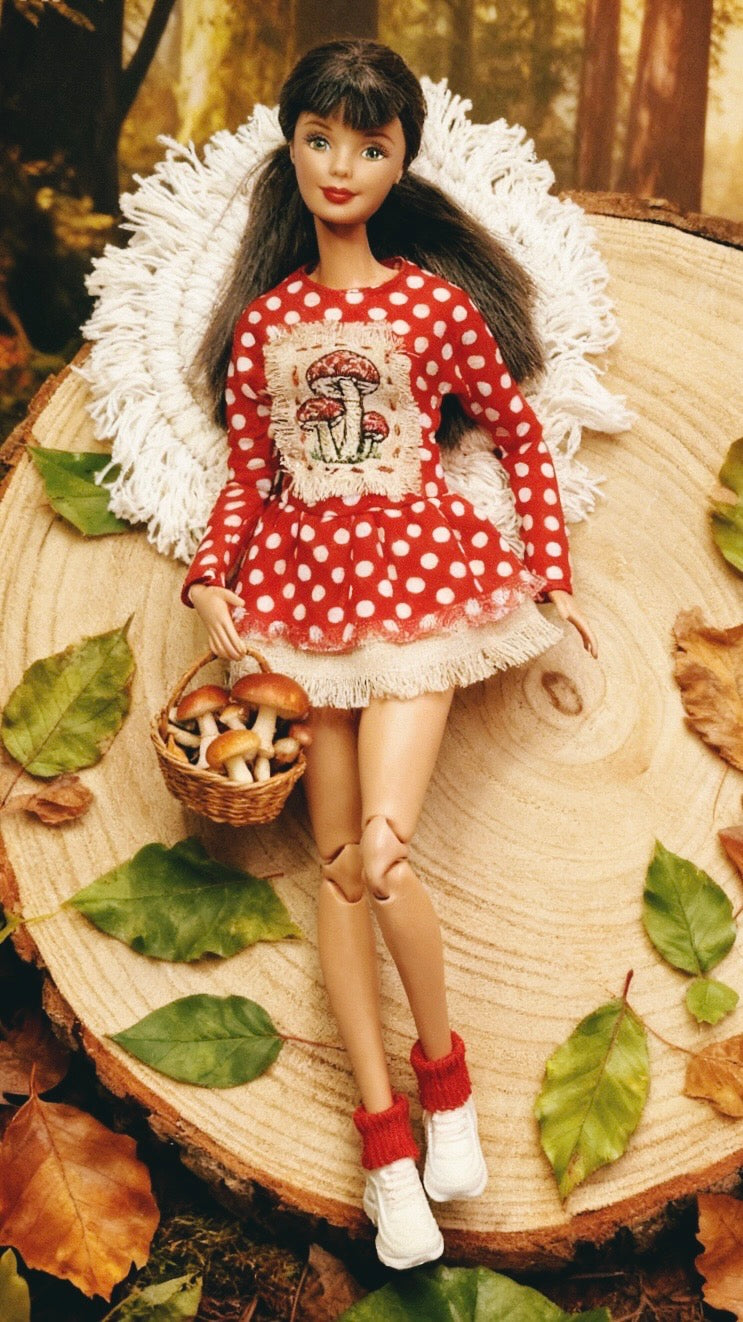 PDF Digital Pattern autumn dress for BB and Blythe 30 cm 12" dolls + VIDEO Tutorial + Mushrooms Embroidery