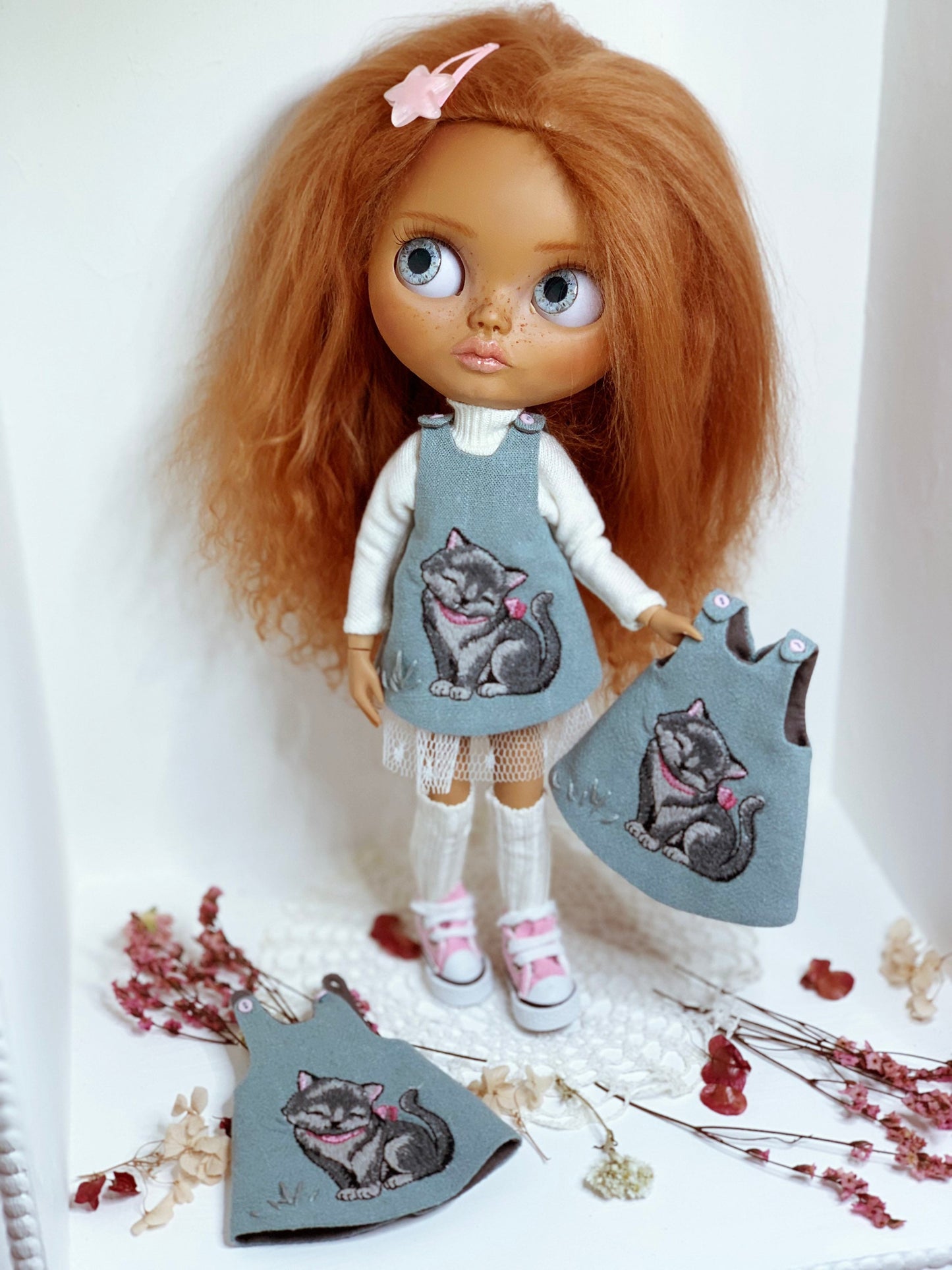 Dress for Blythe Doll 1/6 doll dress with embroidery. Turtleneck sweater, petticoat. Doll clothes.