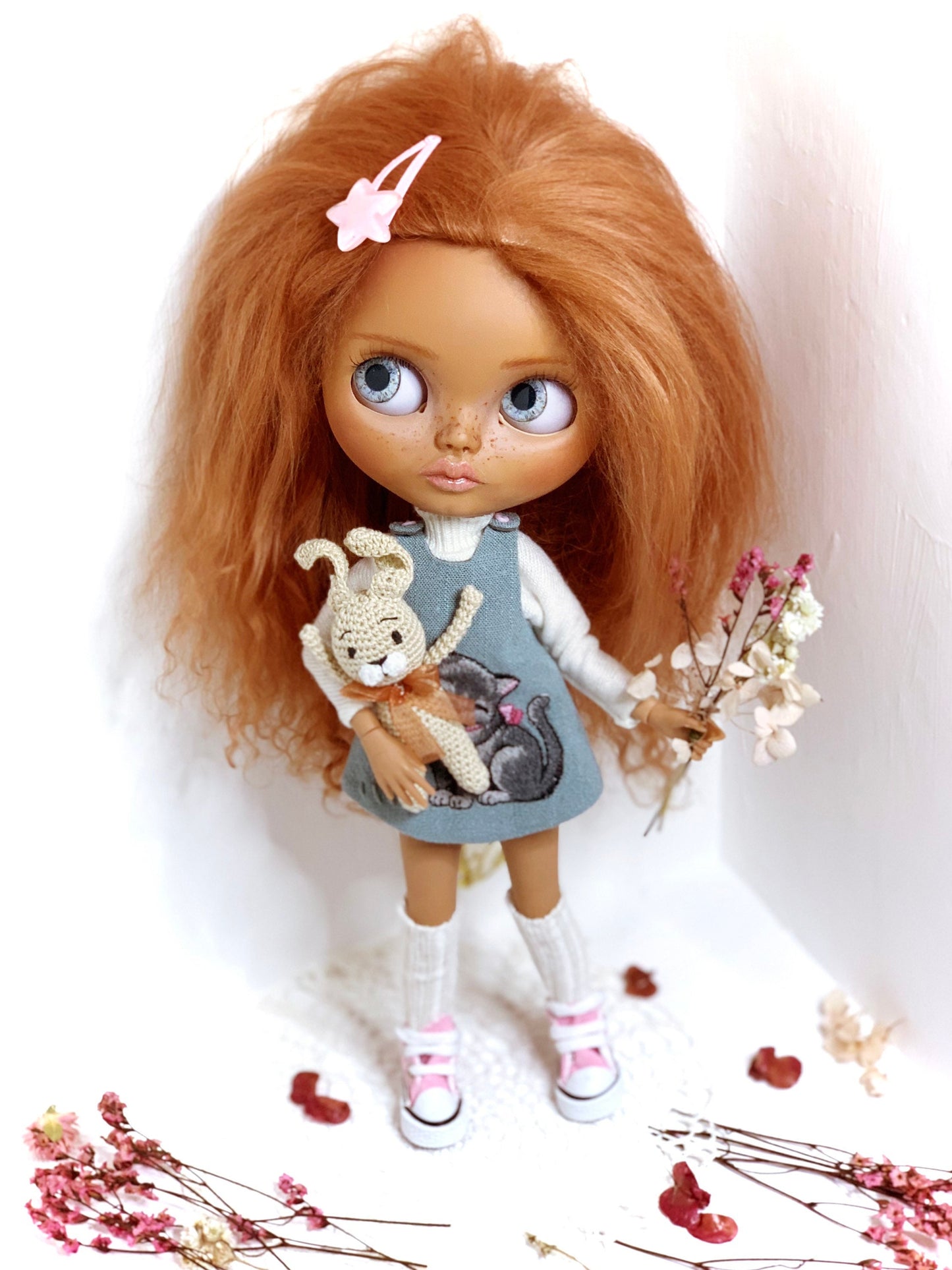 Dress for Blythe Doll 1/6 doll dress with embroidery. Turtleneck sweater, petticoat. Doll clothes.
