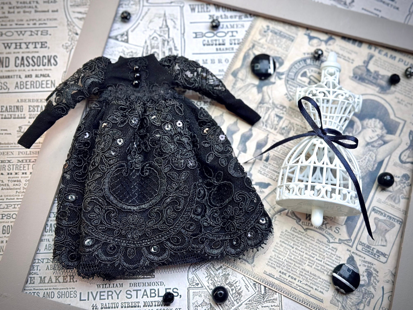 Black ball gown for Blythe Doll. 30 cm doll dress with pearls. Dress for Wednesday doll.