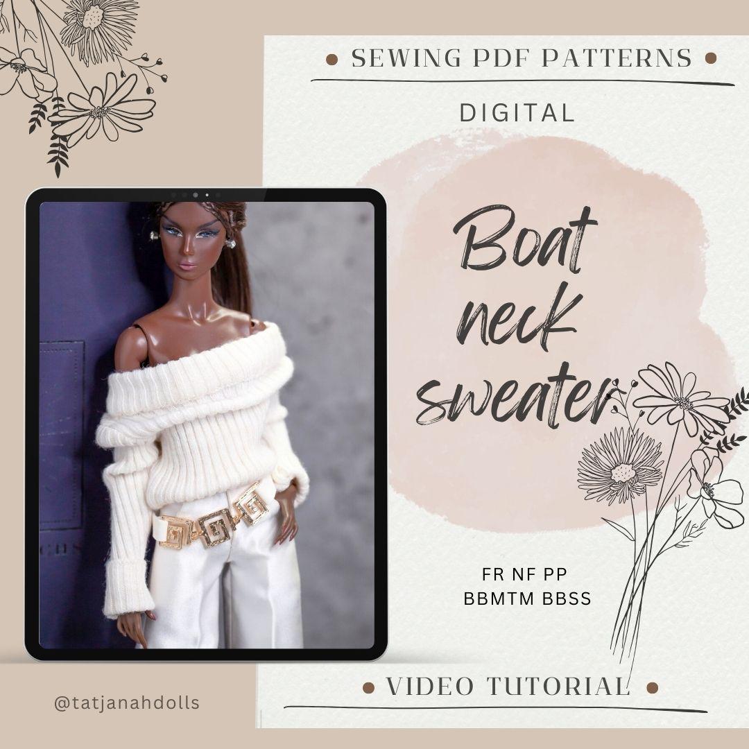 PDF Digital Pattern boat neck sweater for BB &amp; Integrity toys 1:6 dolls. VIDEO tutorial