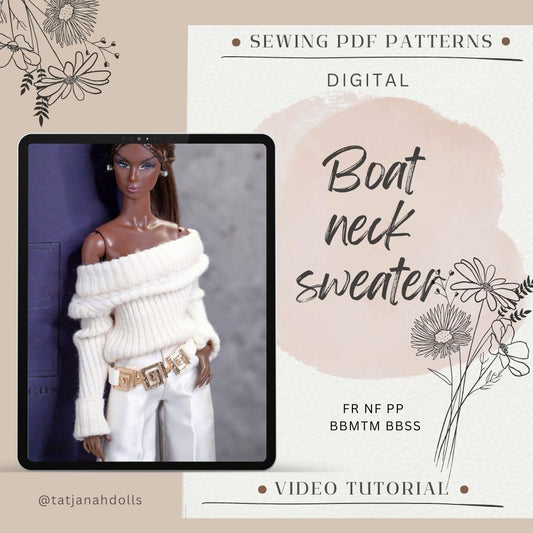 PDF Digital Pattern boat neck sweater for BB &amp; Integrity toys 1:6 dolls. VIDEO tutorial