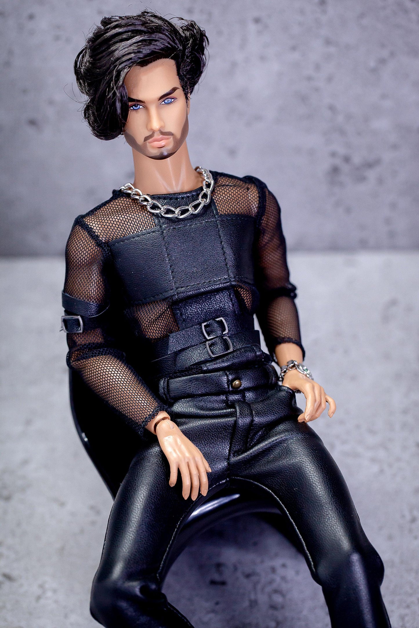 Leather outfit for FR Homme Integrity Toys male doll. Black pants and long-sleeved shirt.