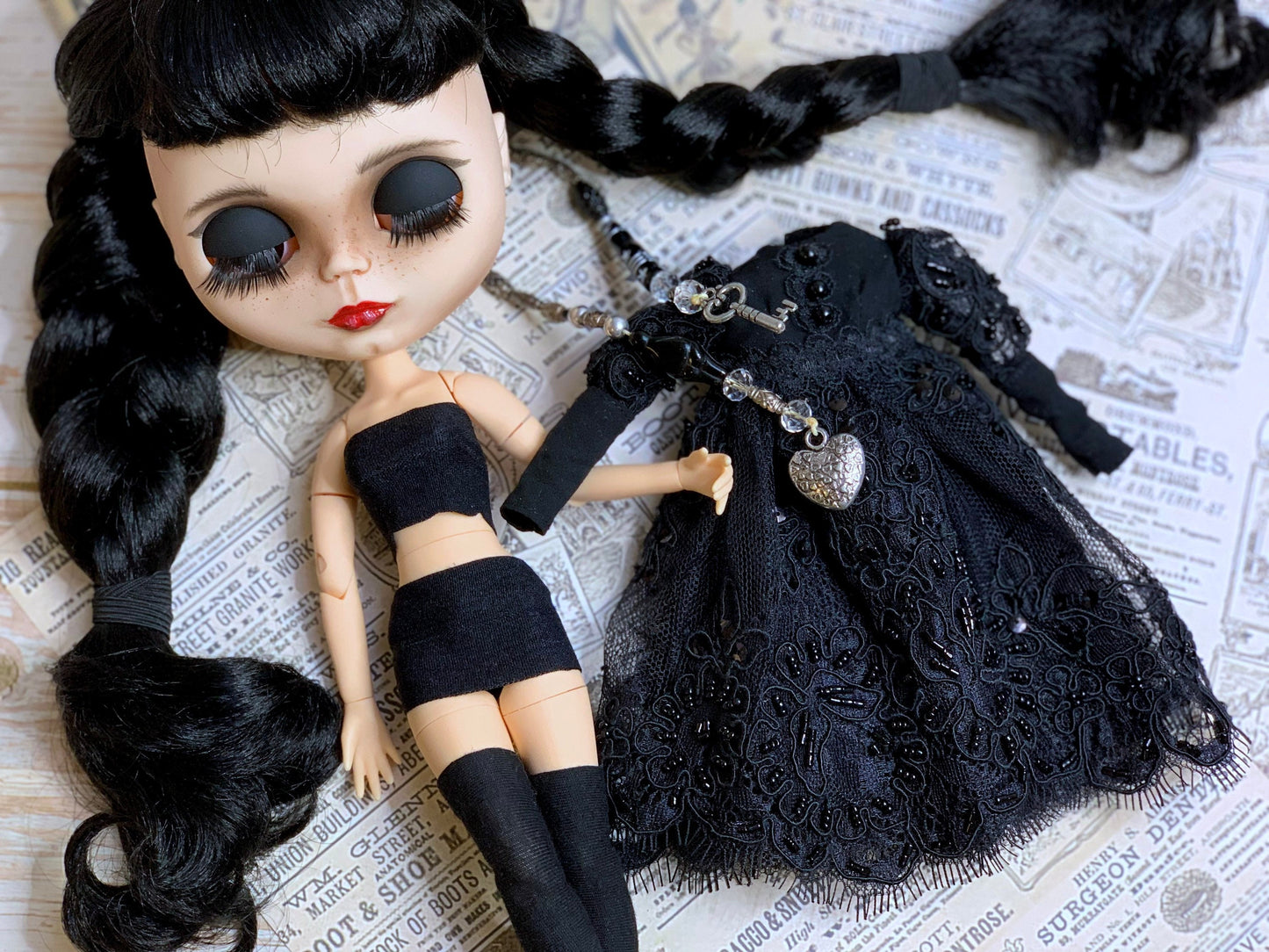 Black ball gown for Blythe Doll. 30 cm doll dress with pearls. Dress for Wednesday doll.