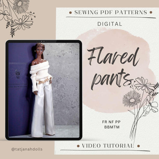 PDF Digital Pattern flared pants trousers for BB &amp; Integrity toys 1:6 dolls. VIDEO tutorial