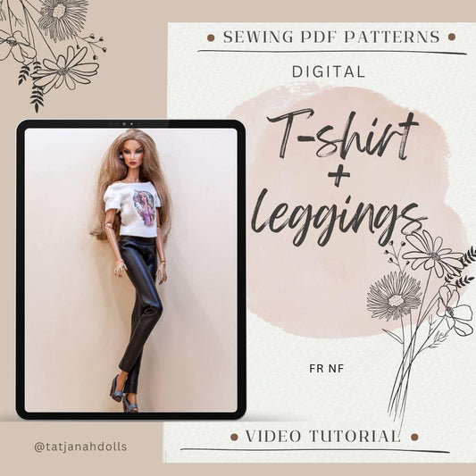 PDF Digital Pattern T-shirt &amp; leggings for Fashion Royalty Nu Face doll Integrity toys. Youtube VIDEO tutorial.