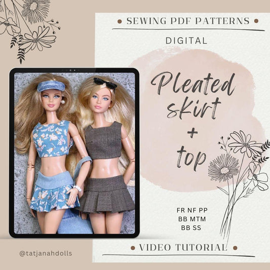 PDF Digital Pattern pleated skirt and top for Fashion Royalty, Nu Face, Poppy Parker, BBMTM, BBSS dolls. + Video tutorial