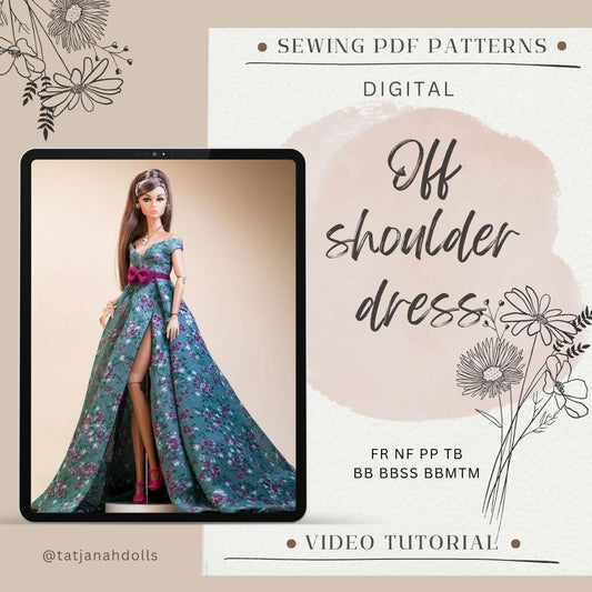 PDF Digital Pattern off shoulder dress for 1:6 BB &amp; Integrity toys dolls. VIDEO tutorial.