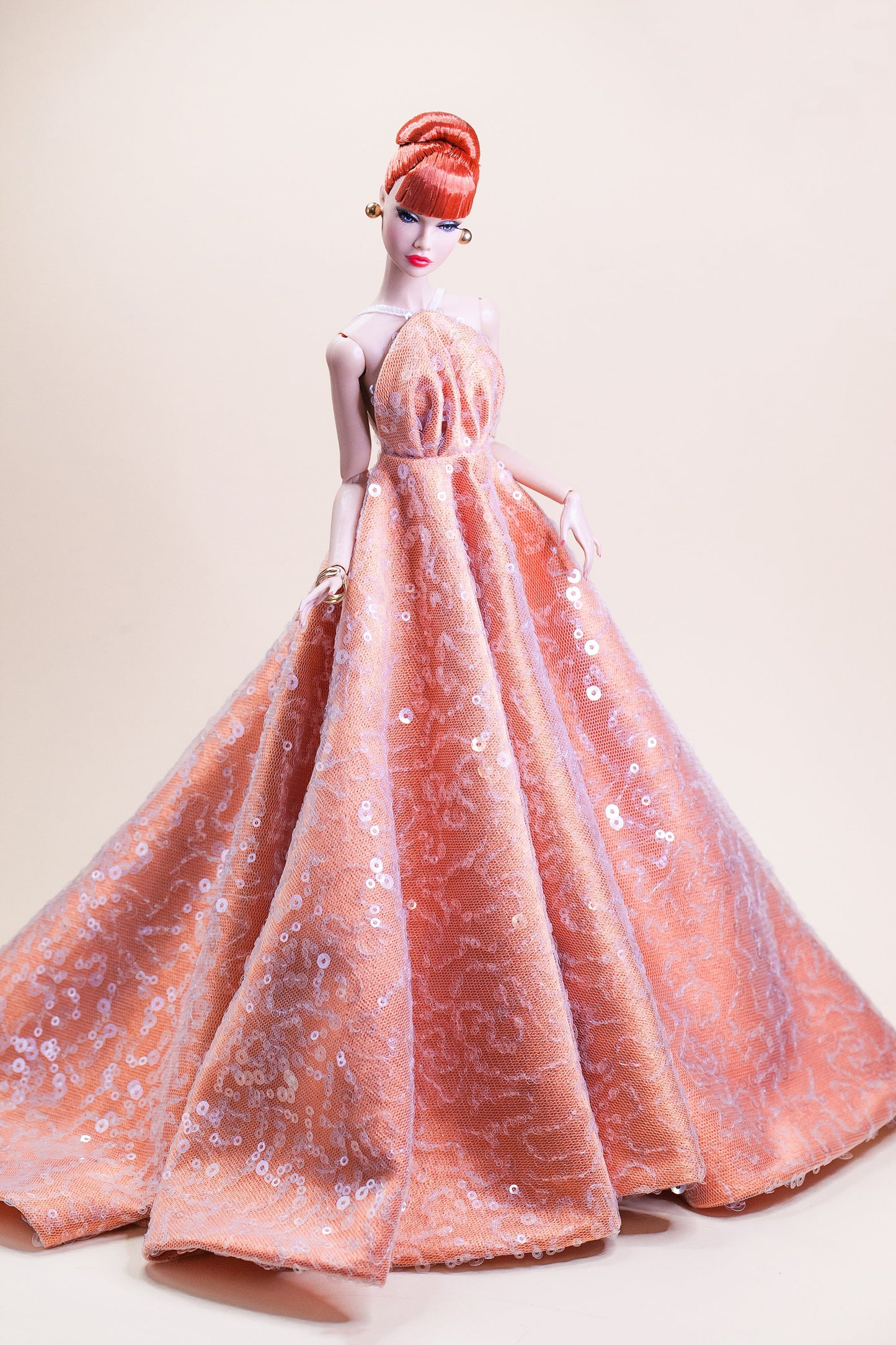 Peach glitter dress for Integrity toys Fashion Royalty Nu Face Poppy Parker dolls.