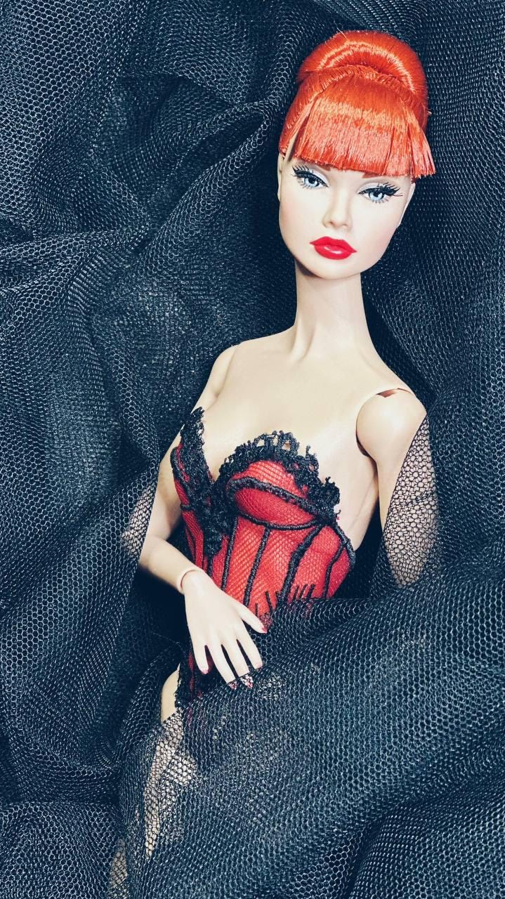 Elegant lingerie sets for Fashion Royalty, Nu Face, and Poppy Parker dolls. Body corset with stockings