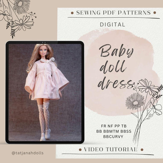 PDF Digital Pattern babydoll dress for BB, Curv. &amp; Integrity toys dolls. VIDEO tutorial.
