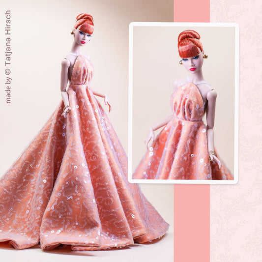 Peach glitter dress for Integrity toys Fashion Royalty Nu Face Poppy Parker dolls.