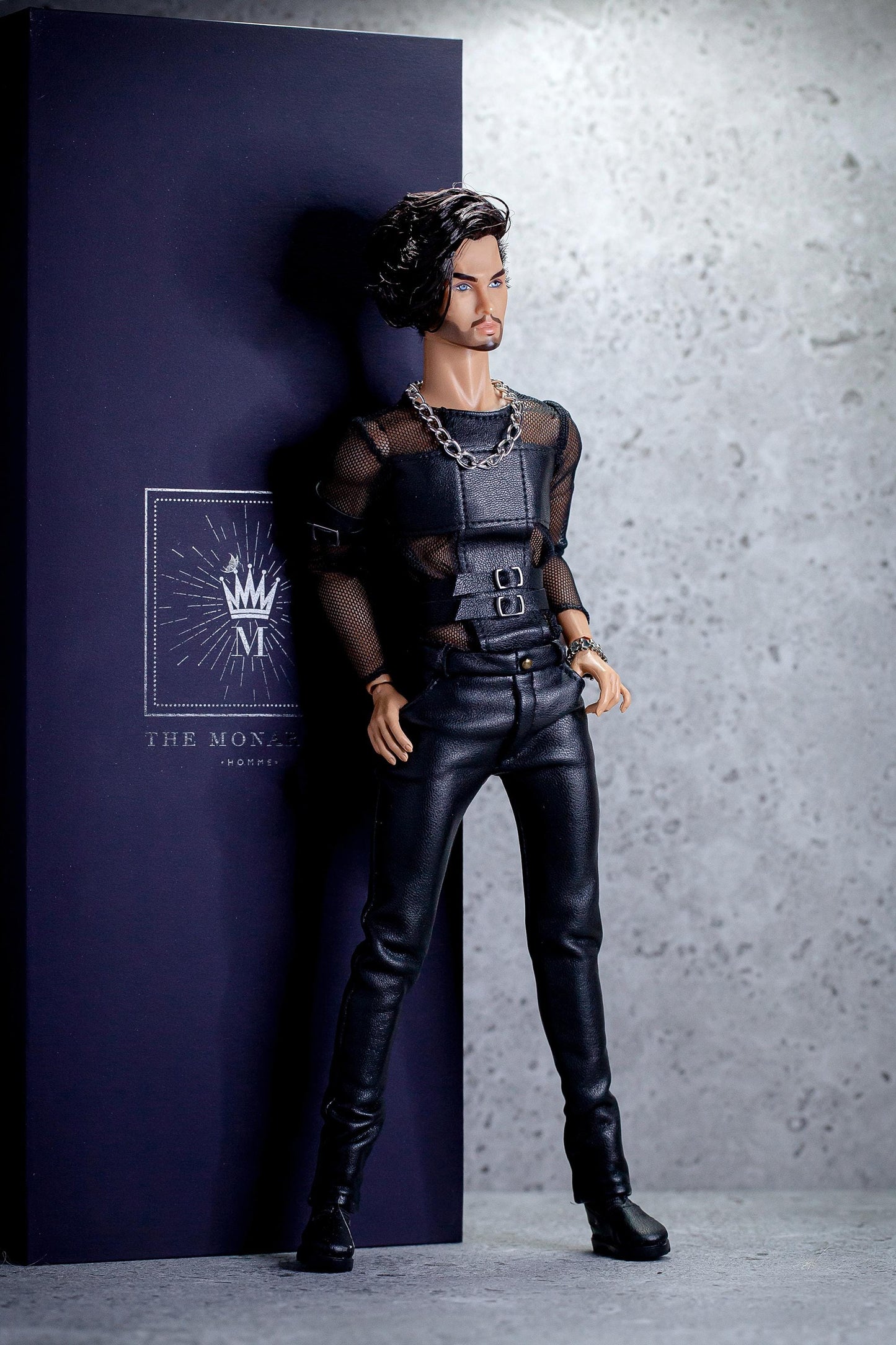 Leather outfit for FR Homme Integrity Toys male doll. Black pants and long-sleeved shirt.
