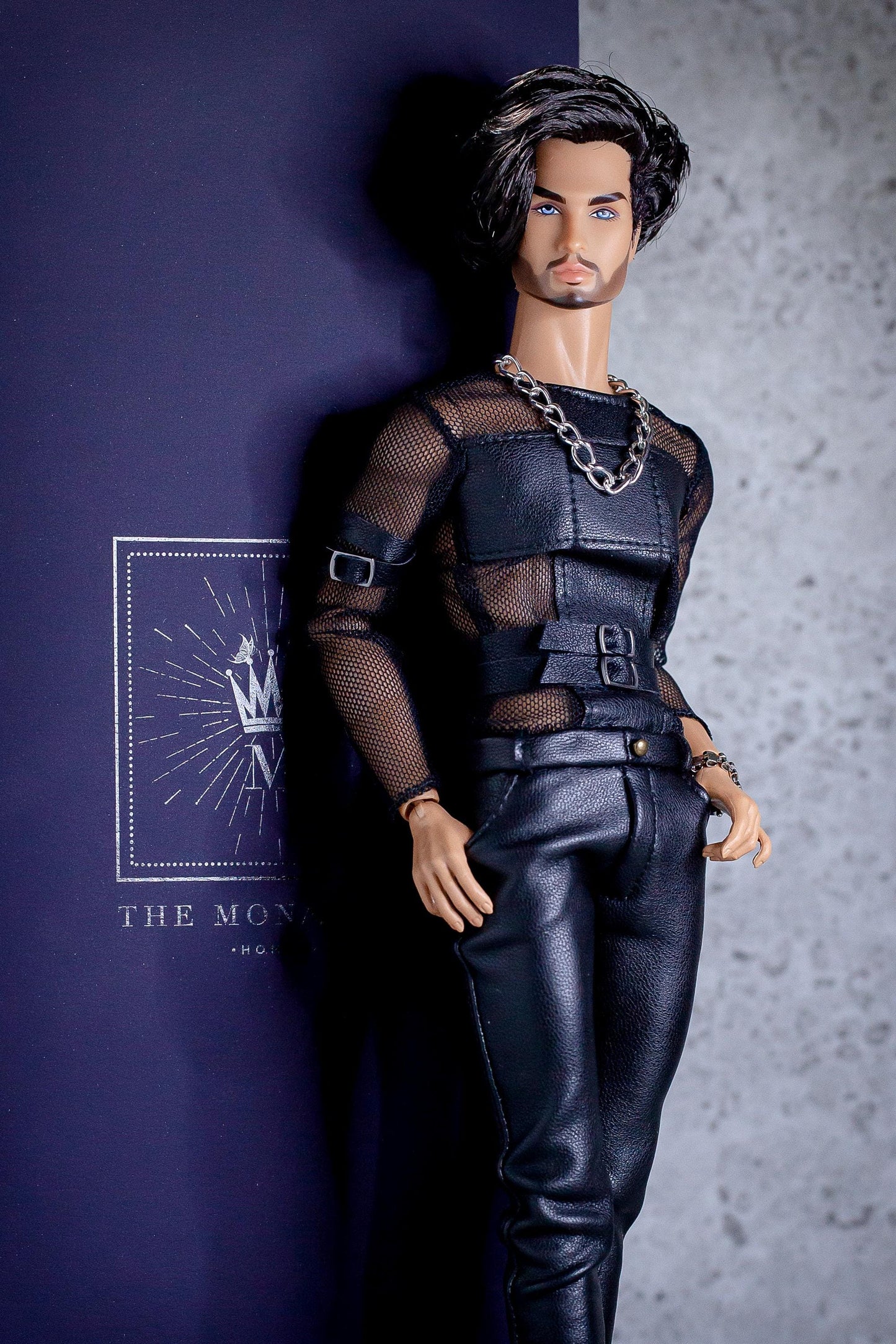 Leather outfit for FR Homme Integrity Toys male doll. Black pants and long-sleeved shirt.