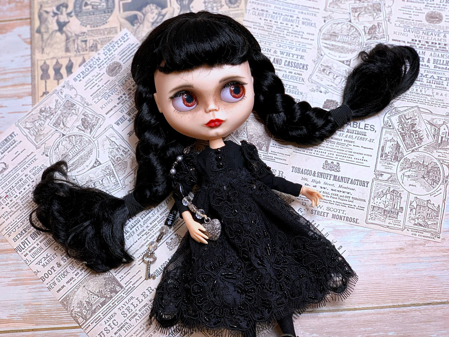 Black ball gown for Blythe Doll. 30 cm doll dress with pearls. Dress for Wednesday doll.