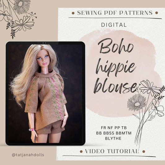 PDF Digital Pattern boho hippie blouse for BB, Poppy Parker, Tulabelle, Fashion royalty, Nu face and Blythe dolls.